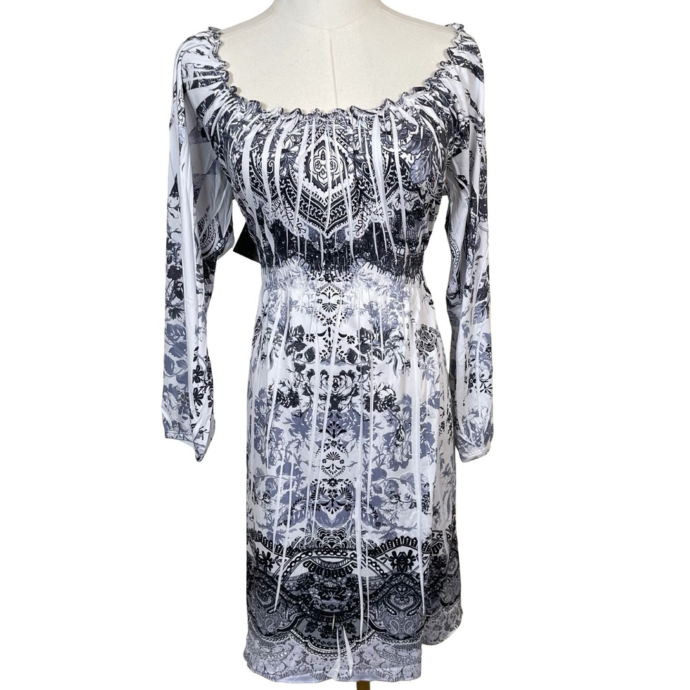 Vintage RU Apparel Babydoll Dress Women S White Black Medallion Peasant Boho Y2K